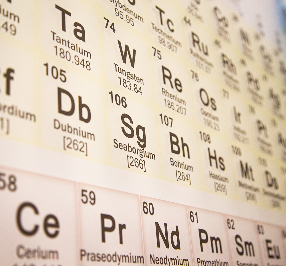 Close-up of a periodic table highlighting elements Dubnium (Db), Seaborgium (Sg), Bohrium (Bh), and surrounding elements with their atomic numbers and weights.