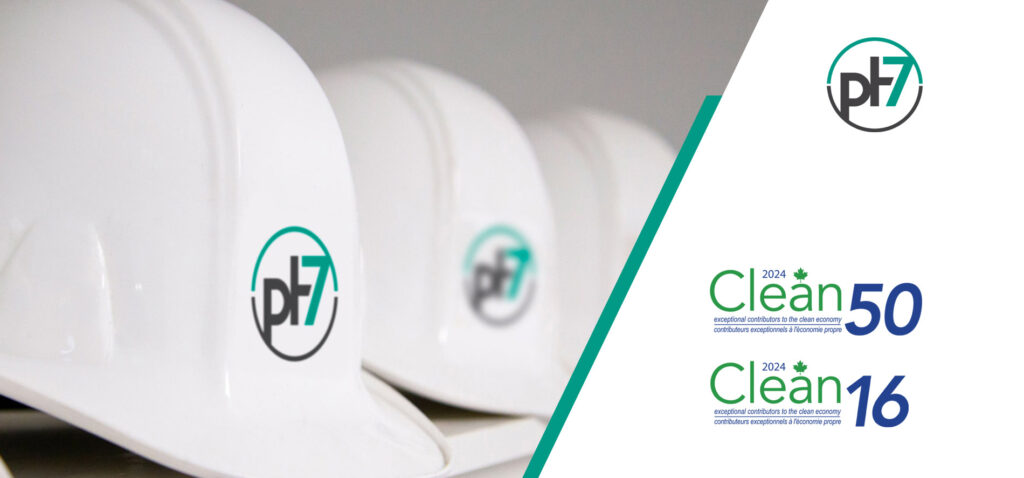 A banner with 3 hardhats with pH7 Technologies logos representing the company being honoured in the 2024 Clean50 and Clean16 Sustainability Awards.