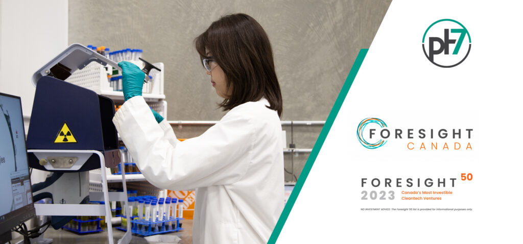 A banner with a pH7 Technologies researcher using laboratory equipment representing the company's inclusion in the Foresight Canada 50 list of Canada's most investible cleantech ventures.